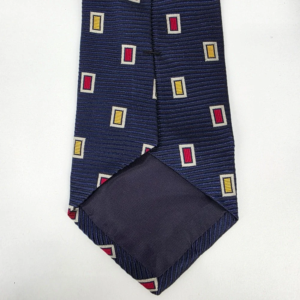 Paul Fredrick Geometric Silk Necktie Mens Navy Blue Red‎ Yellow Ribbed